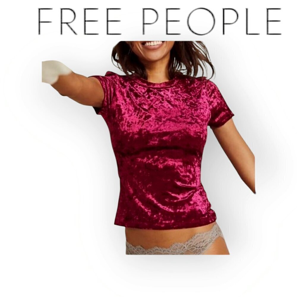 Free People Crushed Velvet Bordeaux Baby Tee XS 90s Throwback Festive Fitted Top